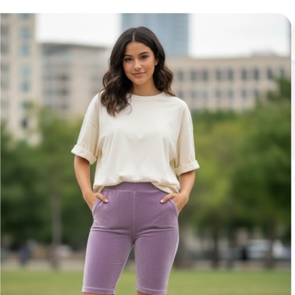 FABLETICS HIGH WAISTED VELOUR BRIGHTMAN LILAC BIKE SHORT SIZE XL